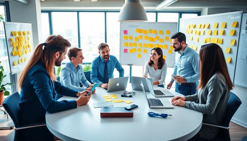 Team discussing agencia hubspot strategies in a vibrant office setting.