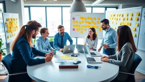 Team discussing agencia hubspot strategies in a vibrant office setting.