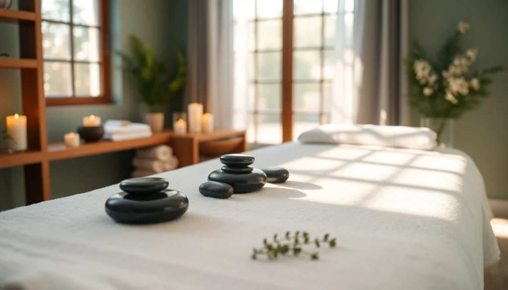 편안한 색상과 아로마 오일이 가득한 스웨디시 마사지 테이블이 있는 고요한 스파 환경.