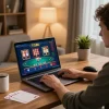 Playing games on tg88 trang chủ using laptop in a stylish home office, focusing on online casino experience.
