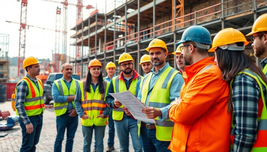 Construction site safety training with diverse trainees and an instructor focusing on safety practices.