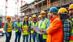 Construction site safety training with diverse trainees and an instructor focusing on safety practices.