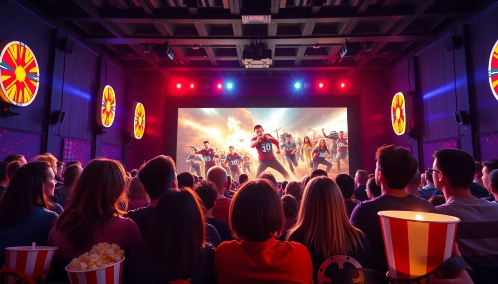 ดูหนัง ที่โรงภาพยนตร์พร้อมผู้ชมที่ตื่นเต้นในบรรยากาศสดใส