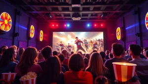 ดูหนัง ที่โรงภาพยนตร์พร้อมผู้ชมที่ตื่นเต้นในบรรยากาศสดใส