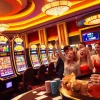 Pemain yang bersemangat memenangkan berbagai mesin slot bonus di latar kasino yang dinamis.