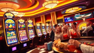 Pemain yang bersemangat memenangkan berbagai mesin slot bonus di latar kasino yang dinamis.