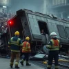 Scene capturing the aftermath of a spain train crash with emergency responders at work.