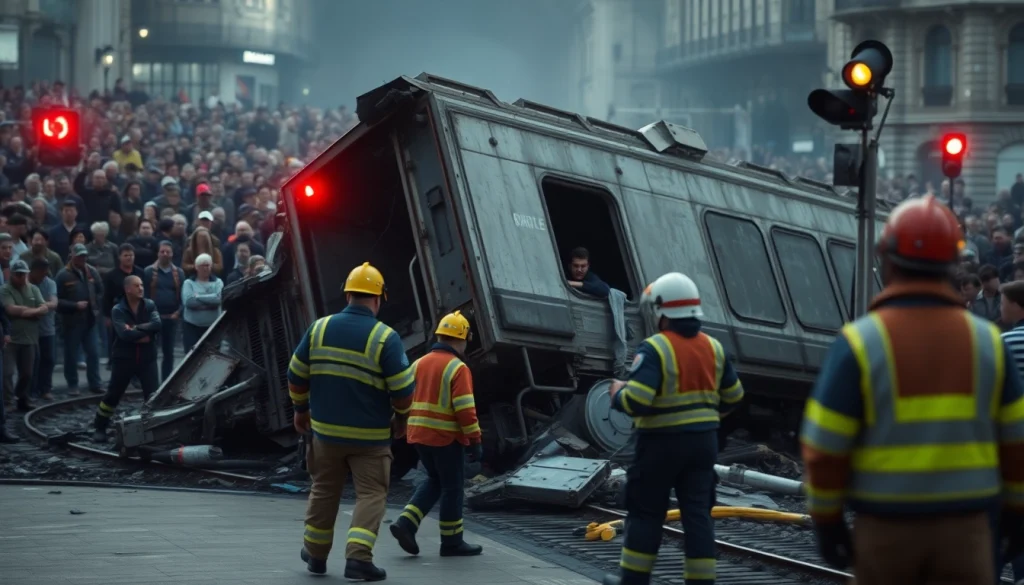 Scene capturing the aftermath of a spain train crash with emergency responders at work.
