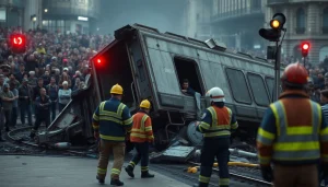 Scene capturing the aftermath of a spain train crash with emergency responders at work.