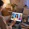 Engaging with an AI girlfriend chatbot in a cozy living room, showcasing personalized avatars and vibrant digital interaction.