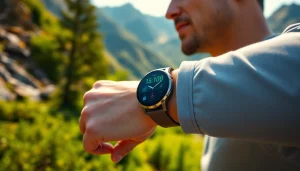 Stylish athlete checking health metrics on a Pulse Smart Watch in an outdoor setting.