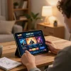 Engaged user on kp88 com playing online casino on tablet in cozy living room setting