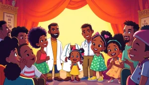 A vibrant illustration of African American cartoons featuring characters like Huey and Riley from The Boondocks and Doc McStuffins, celebrating diversity.