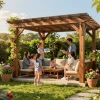 Custom pergola configurator showcasing a family enjoying their outdoor space under a beautifully designed pergola in a vibrant garden.