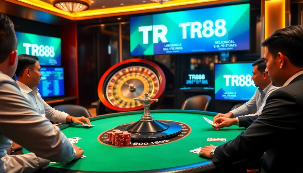 Players enjoy poker at a lavish casino table, showcasing the thrill of TR88 gaming experience.