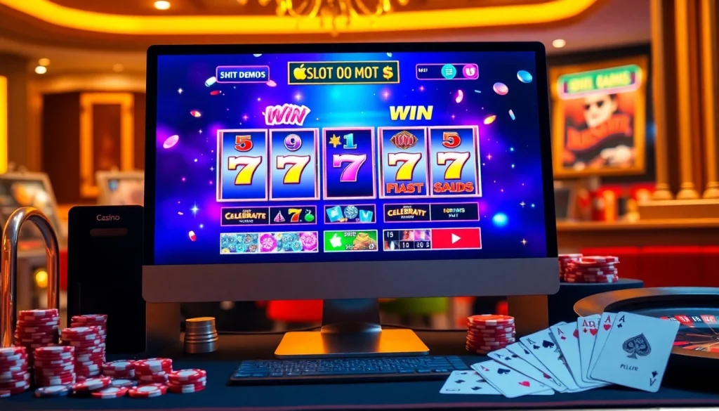 Play slot demo games in a vibrant online casino environment with thrilling win animations.