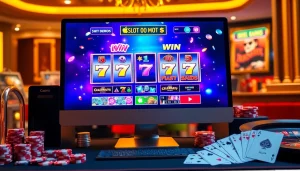 Play slot demo games in a vibrant online casino environment with thrilling win animations.