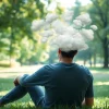 Depicting anxiety symptoms with a person in a park, illustrating emotional turmoil in a serene setting.