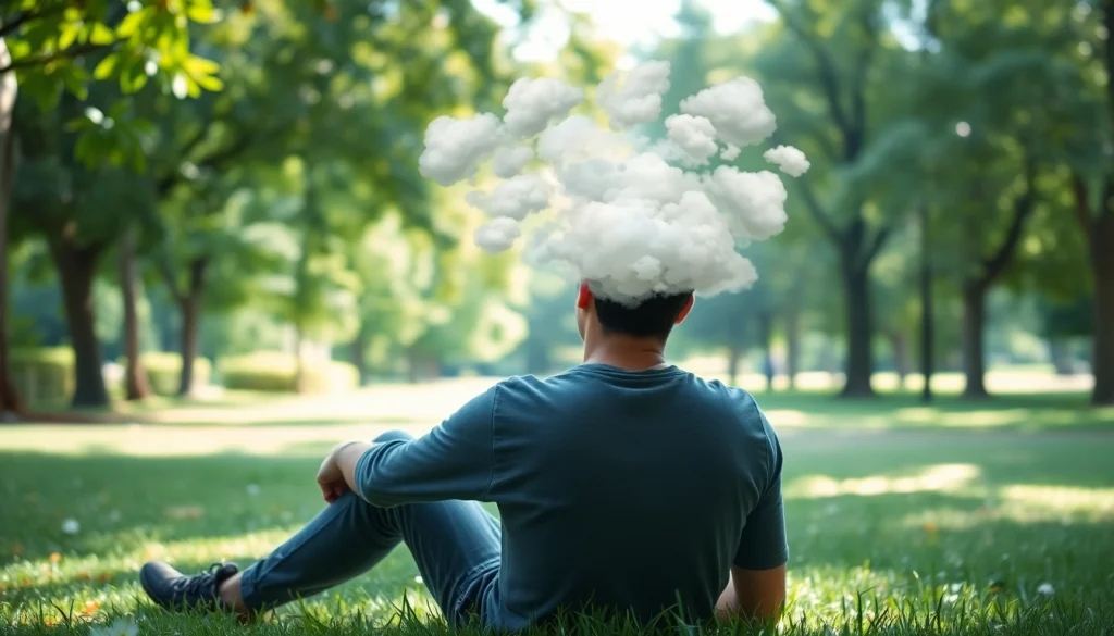 Depicting anxiety symptoms with a person in a park, illustrating emotional turmoil in a serene setting.