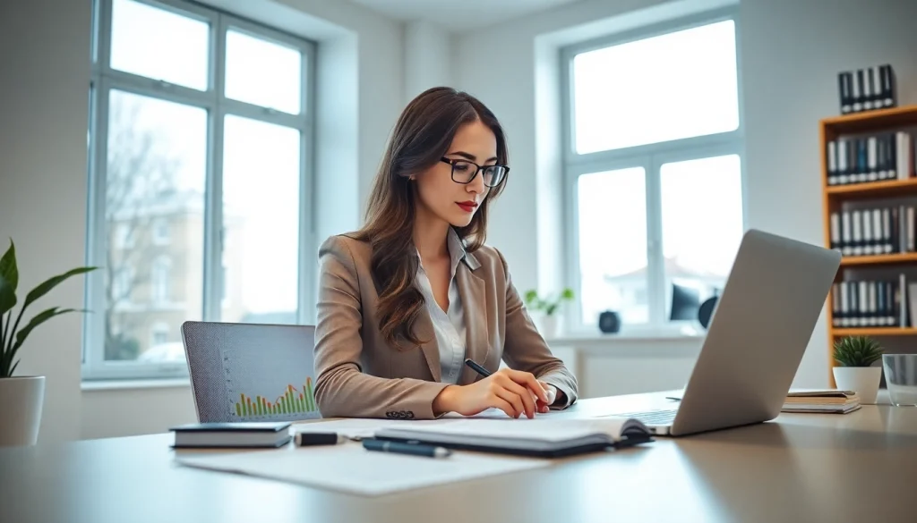 Profesjonalna księgowa w nowoczesnym biurze, ilustrująca lokalne kompetencje finansowe Plus w Poznaniu.