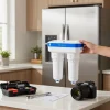 Homeowner installing Waterdrop Maxblue EDR3RXD1 Replacement for 4396841 filter in modern kitchen setting.