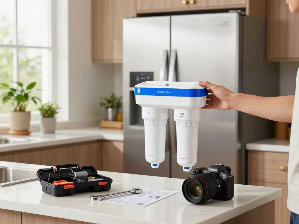 Homeowner installing Waterdrop Maxblue EDR3RXD1 Replacement for 4396841 filter in modern kitchen setting.