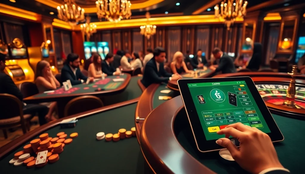 Scène engageante de jeux en ligne avec des joueurs profitant des services de casino en ligne France et des tables luxueuses.