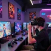 Experience degrees of lewdity in a vibrant gaming lounge with immersive VR visuals and dynamic characters.