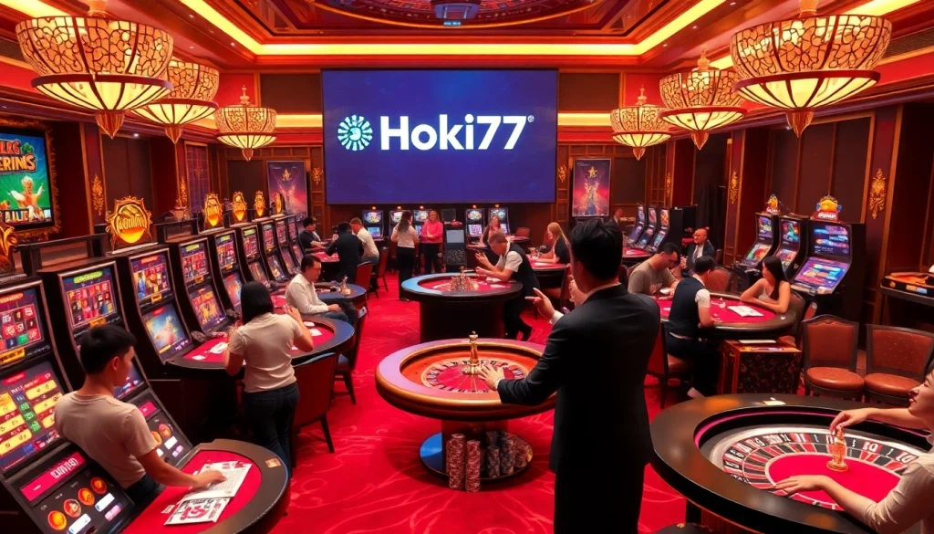 An enthusiastic gambler wins big at Hoki77 heylink, surrounded by luxury casino tables and glittering slot machines.
