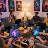Group enjoying HTML porn games while relaxing in a cozy home setting