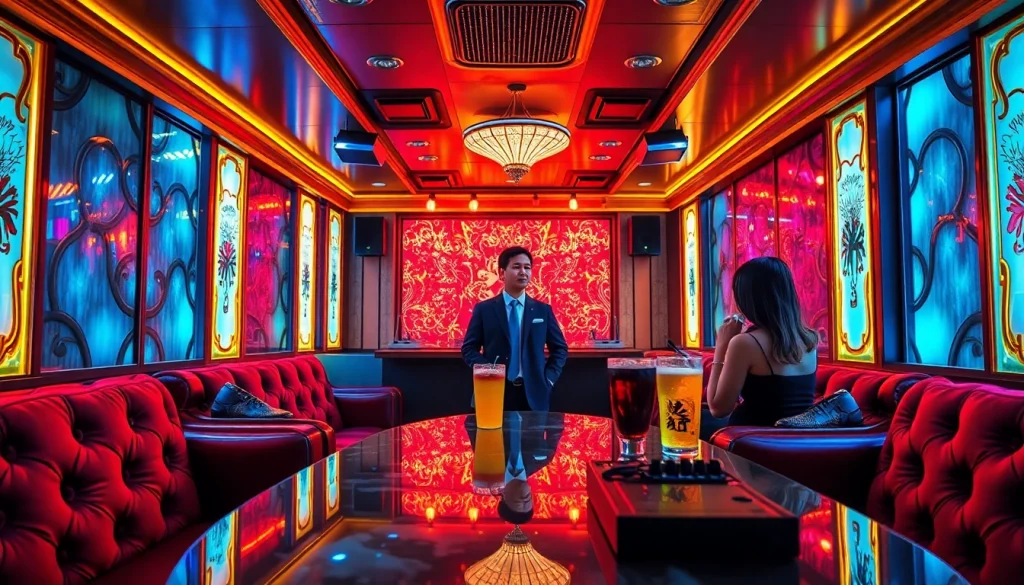 활기찬 분위기에서 손님들이 음료와 음악을 즐기는 제주도유흥 노래방 장면