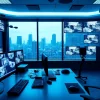 Sala de monitoreo avanzada que muestra soluciones de seguridad para empresas con feeds de vigilancia en vivo.