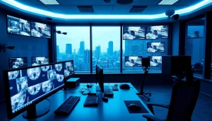 Sala de monitoreo avanzada que muestra soluciones de seguridad para empresas con feeds de vigilancia en vivo.
