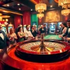 Scène de jeu passionnante au casino en ligne France avec table de roulette et machines à sous.