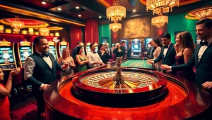 Scène de jeu passionnante au casino en ligne France avec table de roulette et machines à sous.