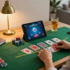 Engaging with top quality widgets during a live dealer blackjack game on a tablet.