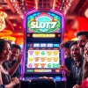Slot77 terletak di tengah suasana permainan yang ramai dengan pemain yang gembira.