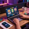 Engaging in a lively apk gacor slot game on a laptop with poker chips and gaming notes.