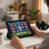 Engaging in online slot gameplay on tablet, discovering oli4d alternatif gaming options with cozy setup.