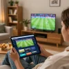 CakhiaTV user engaged in live sports betting on a tablet, showcasing excitement in a cozy environment