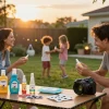A family using mosquito repellent during an outdoor barbecue, showcasing various repellent products in a warm summer setting.