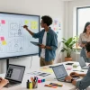 Collaboration on a mixboard for creative project development in a modern office.