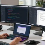 Engaged user interacting with Kobold AI on dual monitors in a modern tech workspace.