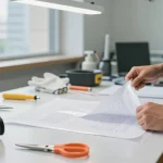 Kỹ thuật viên chuyên nghiệp thực hiện bóc lớp ép plastic hà nội trên các tài liệu quan trọng với các công cụ chính xác trong xưởng làm việc sáng sủa.