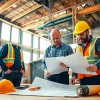 Manhattan Commercial General Contractor overseeing a construction project with blueprints and tools.