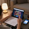 Person enjoying FAFA828 casino games on a tablet in a cozy home atmosphere