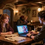 Tavern AI user engaging with AI characters in a cozy digital tavern setting, showcasing creative interaction.