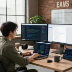 快连 developer working in a modern office with dual monitors displaying code, emphasizing network optimization and seamless connectivity.