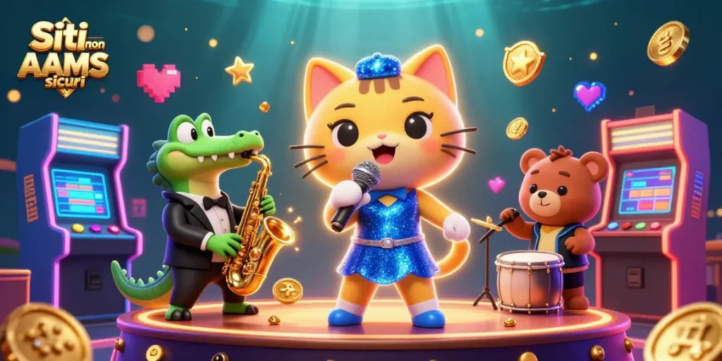Vivi l'emozione con Siti non AAMS sicuri che presentano personaggi animati in una vivace scena di casinò.