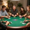Engaging poker night scene highlighting free credit mega888 strategies in a friendly home environment.